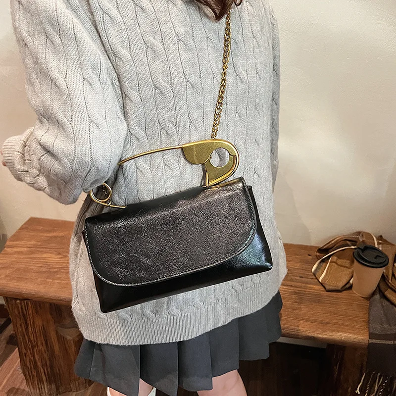 Fashionable Autumn Women's Large Pin Personalized PU Leather Handbag Spring and Summer New Chain Flip Shoulder Bag Clutch Bag