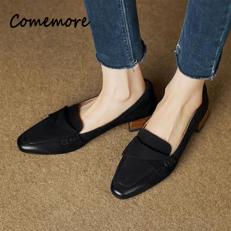 Comemore Pleated Slip on Mid Heels Office Ladies Shoe Chunky Heel Women Square Toe Shoes for Woman Women\'s Autumn 2023 Pumps 34