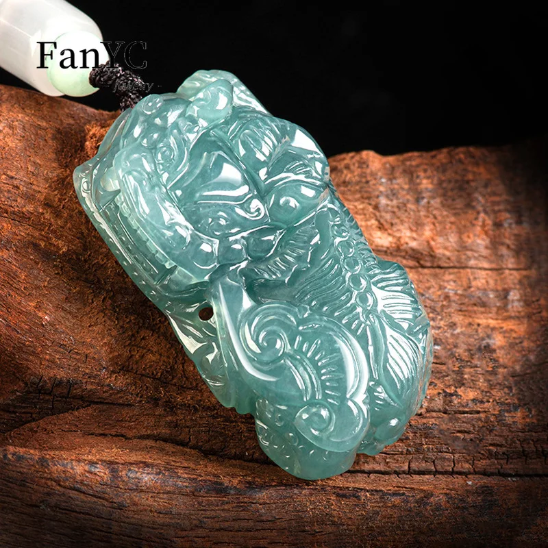 

Myanmar A-goods Jadeite Blue Water Bully Brave Pendant Hand-carved Fashion Luxury Ice Jade Necklace Men and Women Holiday Gift