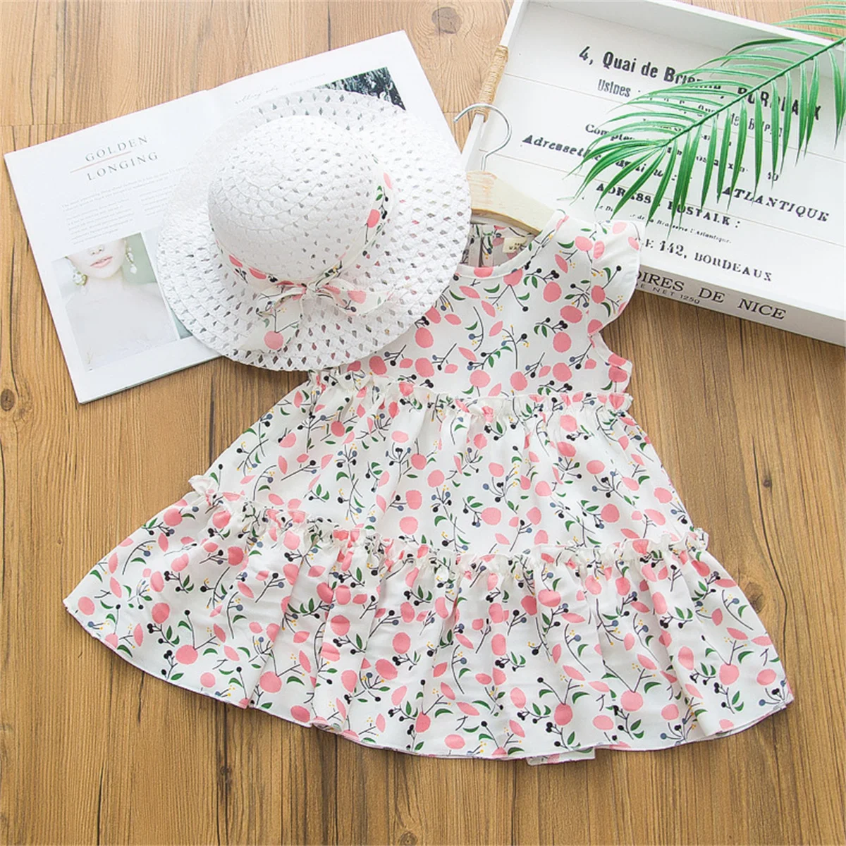 2-Piece Summer Baby Beach Skirt+Beach Hat Girl Flower Princess Chiffon Sleeveless Sweet Beauty Baby Dress