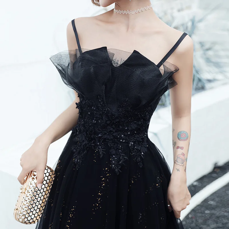 

Black banquet evening dress 2024 new style elegant birthday annual meeting suspenders long slim dress female