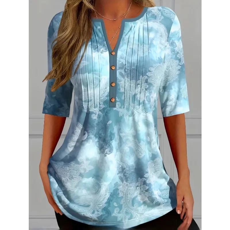 

Женская блузка больших размеров с V-образным вырезом, принтом тай-дай и пуговицами, с коротким рукавом, средней эластичности, топ-футболка
