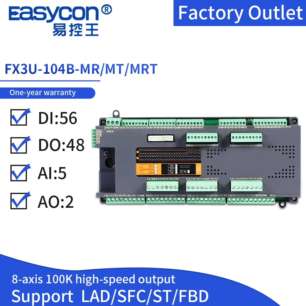 

Easycon FX3U-104B-MRT/MR/MT 56 DI 48 DO 5AI 2AO PLC Programmable Logic Controller FX3U Electrical RS422/RS485 Modbus