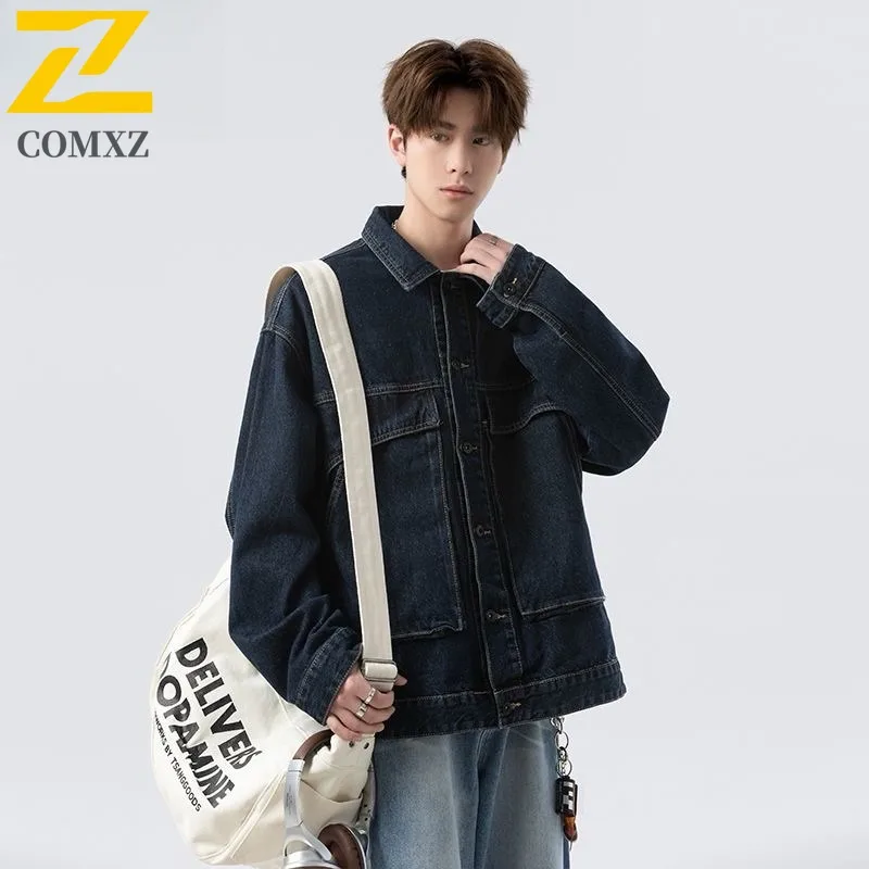 

COMXZ Мужская куртка 2025, уличная велосипедная ветрозащитная винтажная потертая джинсовая куртка больших размеров с несколькими карманами, пальто для отдыха в стиле ретро