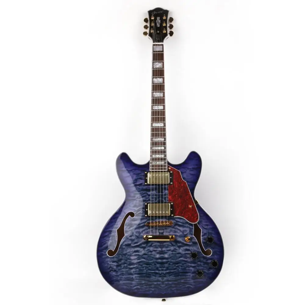 Dark blue quilted maple veneer on top golden hardware electric jazz guitar double f hole semi hollow body