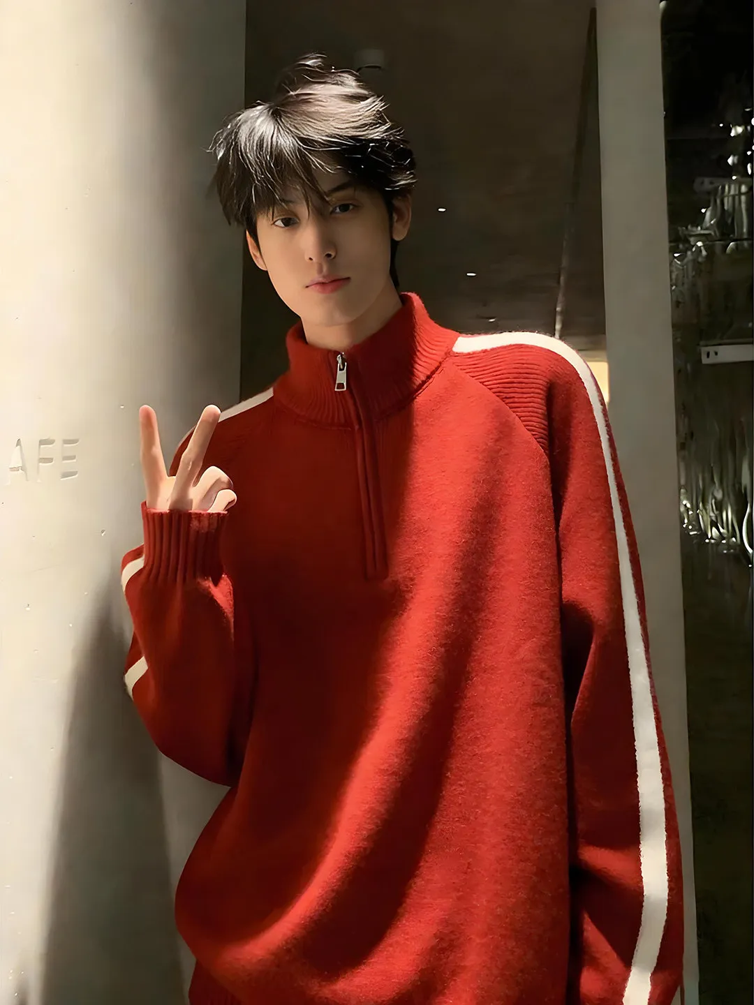 

Men's Zipper Fce Lined High Collar Knitwear Red White Patchwork Winter Inner Wear Base irt Loose Fit Comfortable Sle