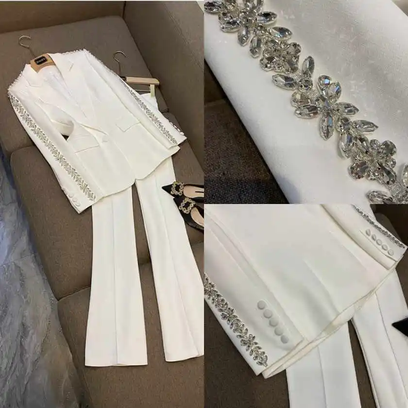 Elegant Crystal Women's 2-Piece Blazer Suit Flared Pants Single-Breasted Formal Evening Party Outfit костюм женский Customized