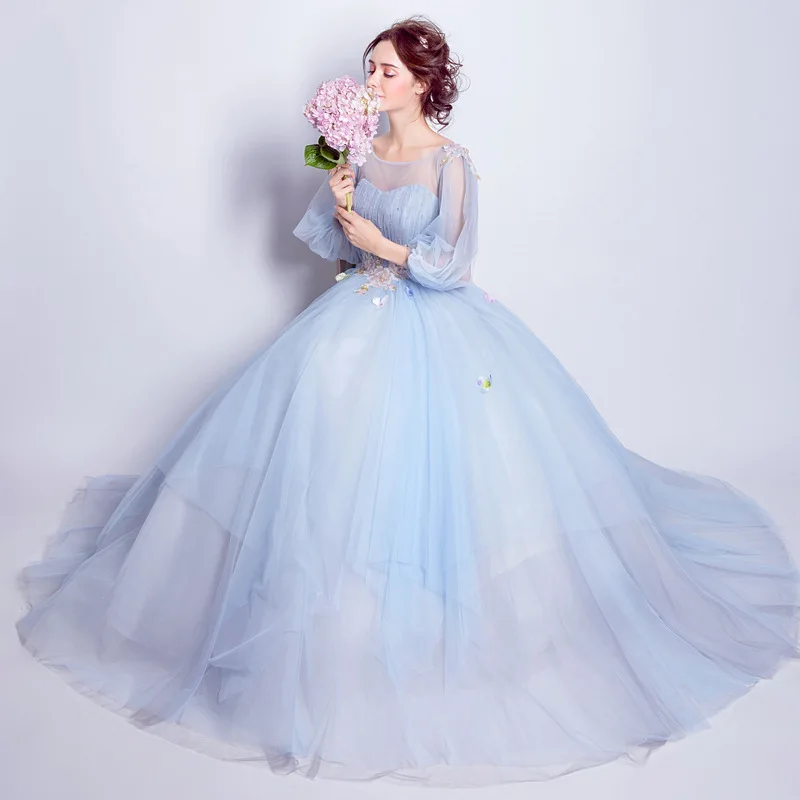 Vestidos Quinceanera azul claro, Mangas lanterna, Vestido inchado para o baile, Flor doce, Banquete de fadas, Sukienka Balowa, 2023, Ilusão, Novo