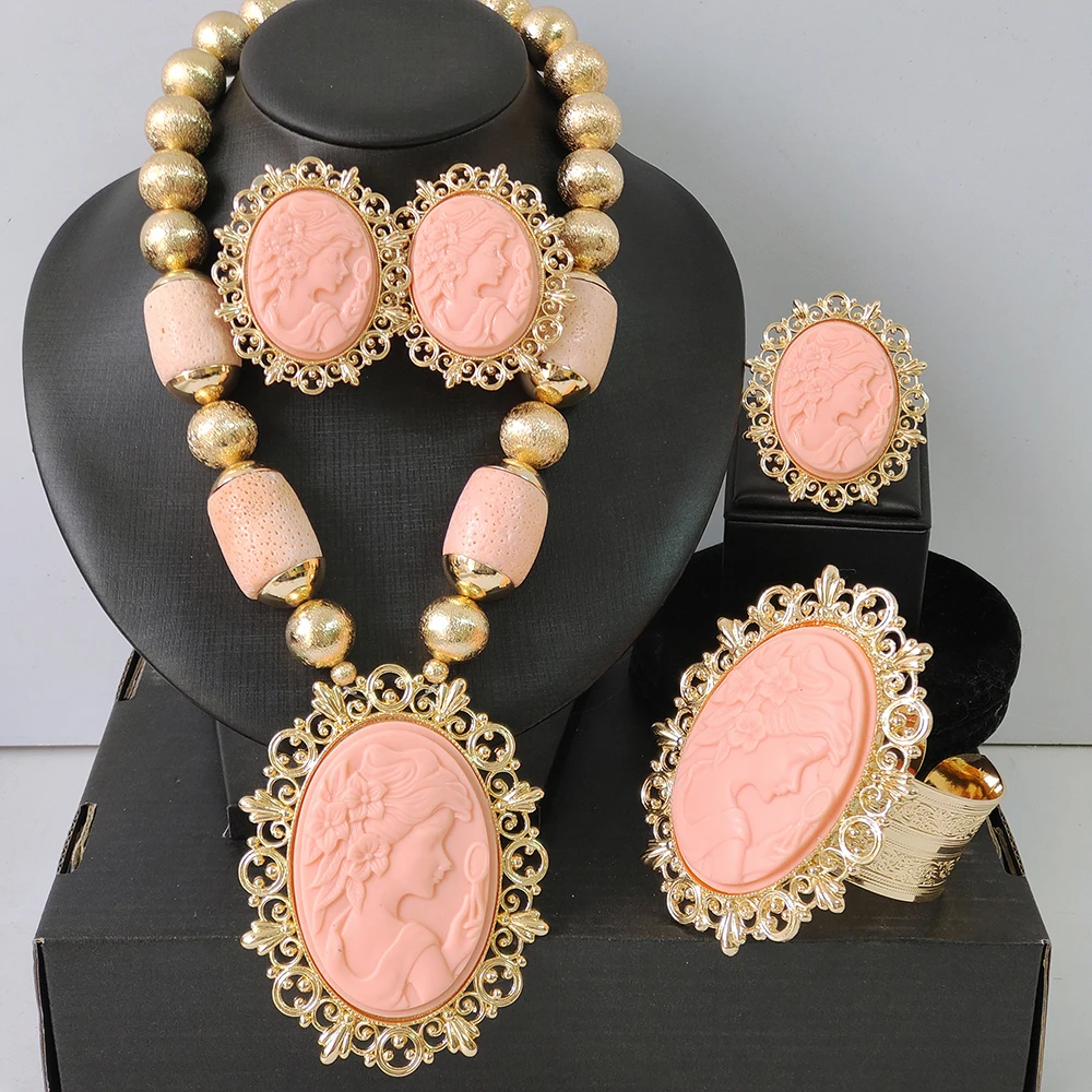 Peach African Necklaces Jewelry Set Nigerian Handcrafted Coral Beads Bridal Accessories