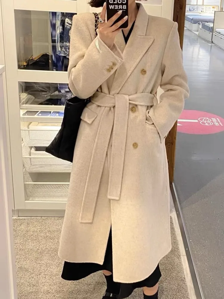 [EWQ] Double Breasted Full Sleeve Double-faced Cashmere Coat Temperament Women Long Woolen Coats Winter 2024 Autumn New 16O1857