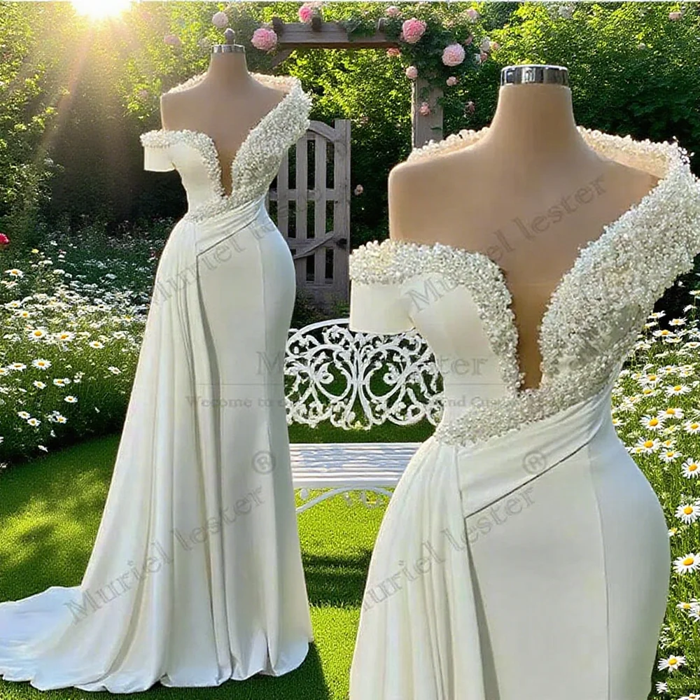 

Luxury Pearls Beaded Chiffon Wedding Dresses For Bride Customized Pleated Mermaid Bridal Gowns V Neck Women Formal Party Dress