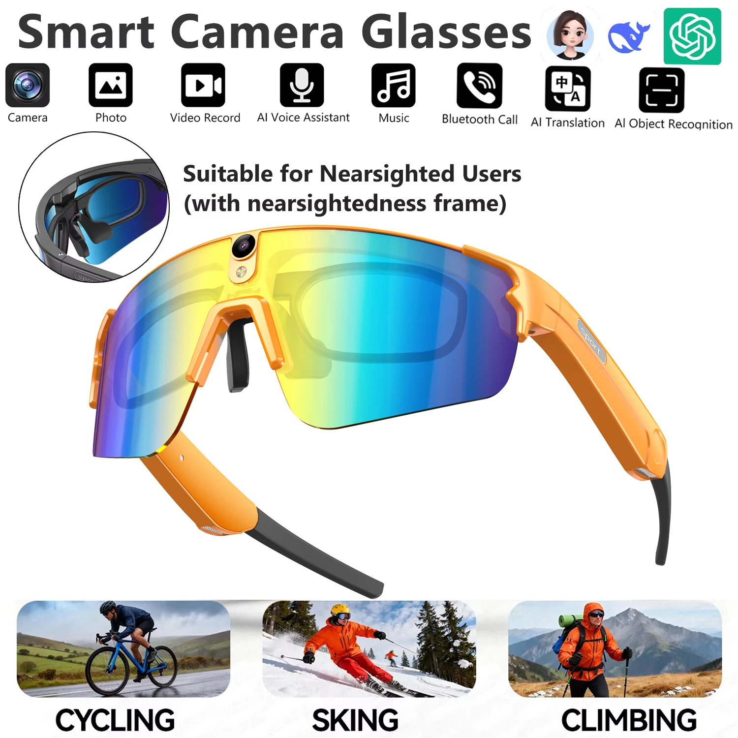 

New AI Smart shooting&recording HD 800W Camera Bluetooth Call Translation For Men Cycling Anti Glare Driving UV IP66 Goggles