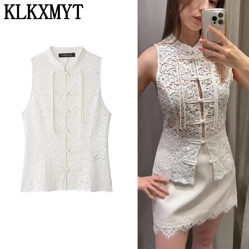KLKXMYT Chic Elegant Lace See Through Top Women Sleeveless Tank Top Frog Button Slim Fit Short Tops Lady New Summer 2026