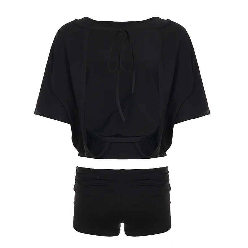 Bat sleeve backless top+shorts sexy casual strap fashionable solid color two-piece set