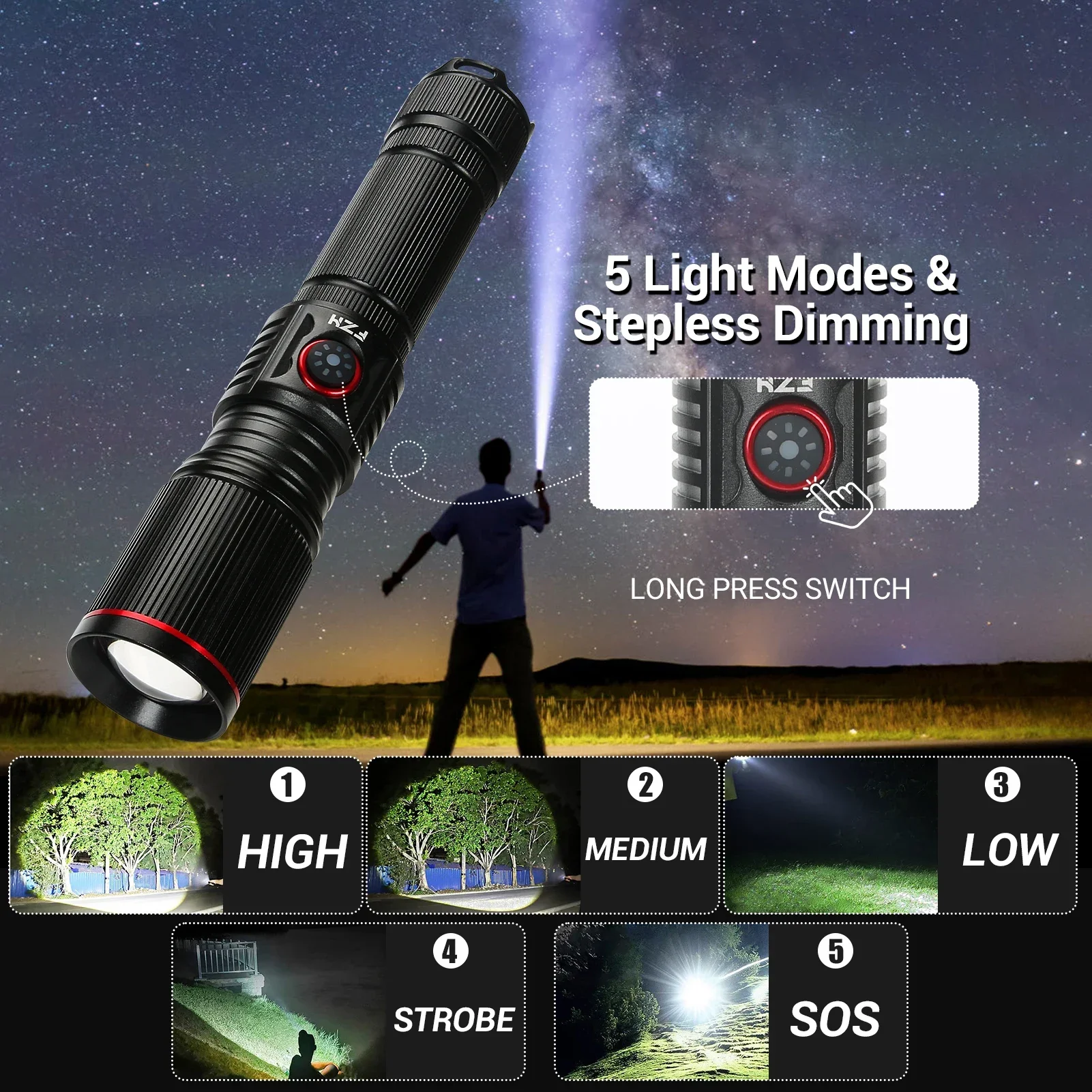 F313 Powerful LEP Flashlight 18650 or 21700 Battery Zoom Torch Strong Light Long Range Flashlight with Tail Rope Power Indicator