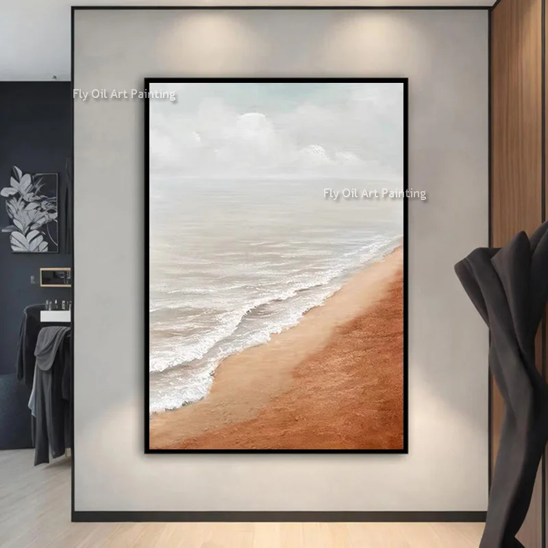 

Handmade Abstract White Brown Seawave Thick Canvas Wall Art Large Seascape And Sea Beach Oil Painting Modern Home Decor As Gifts