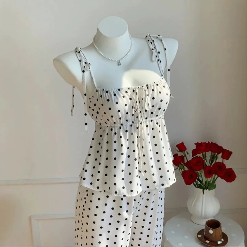 2026 Summer Polka Dot Bow Fresh and Sweet Suspender Top Trousers Set Two-piece Women's Clothing