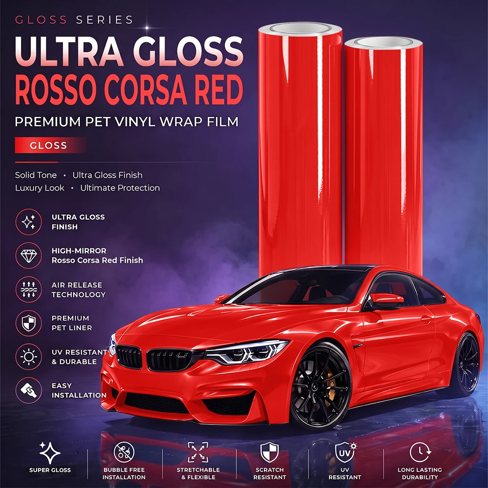 Glossy Red PVC Car Vinyl Wrap Film with PET Release Liner Air‑Channel Bubble Free Self‑Adhesive Color Change Decal Sticker