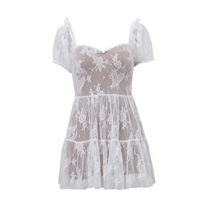 DongCMY 2025新作 スイートスクエアカラー ネットヤーン ウエストバブルスリーブ ショートレースミニドレス ホワイト フェアリードレス
