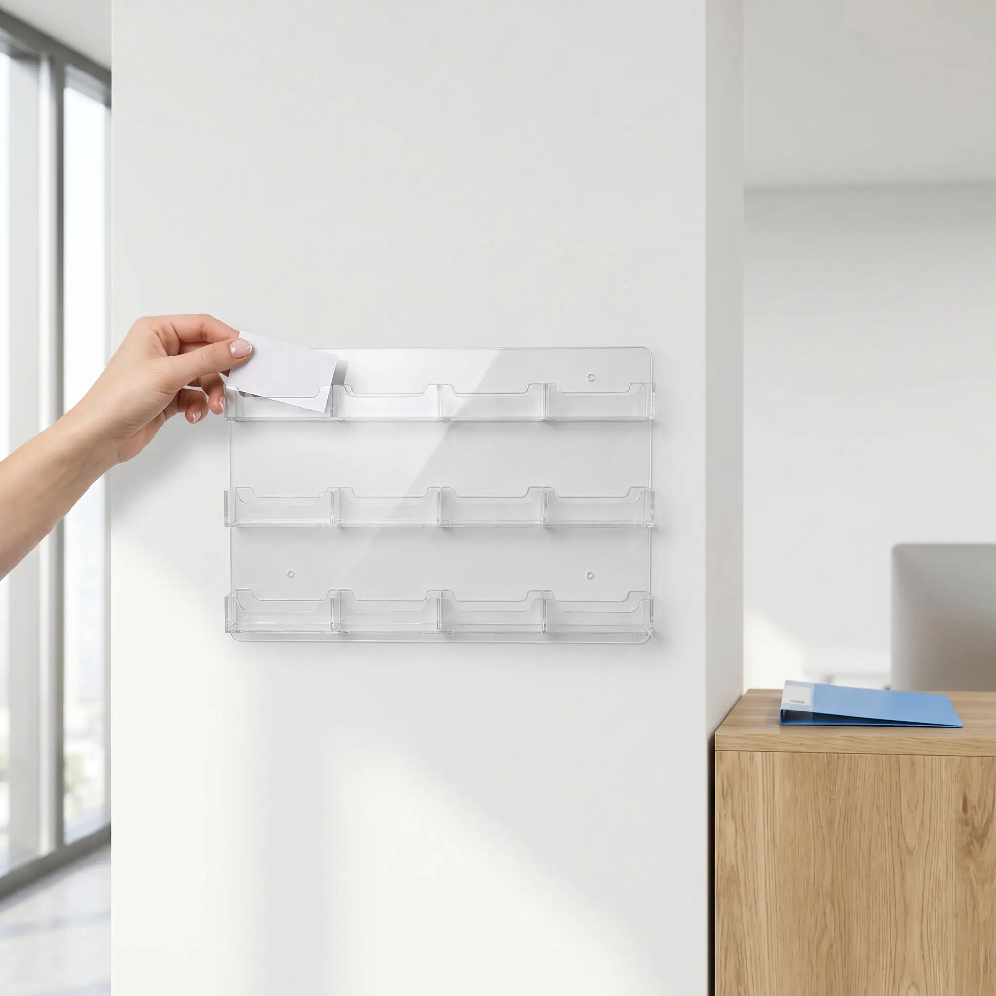 12 Grid Acrylic Business Card Holder Wall Mount Clear Sticker Display Rack Multi Pocket Organizer Stand Office Wall Card Display