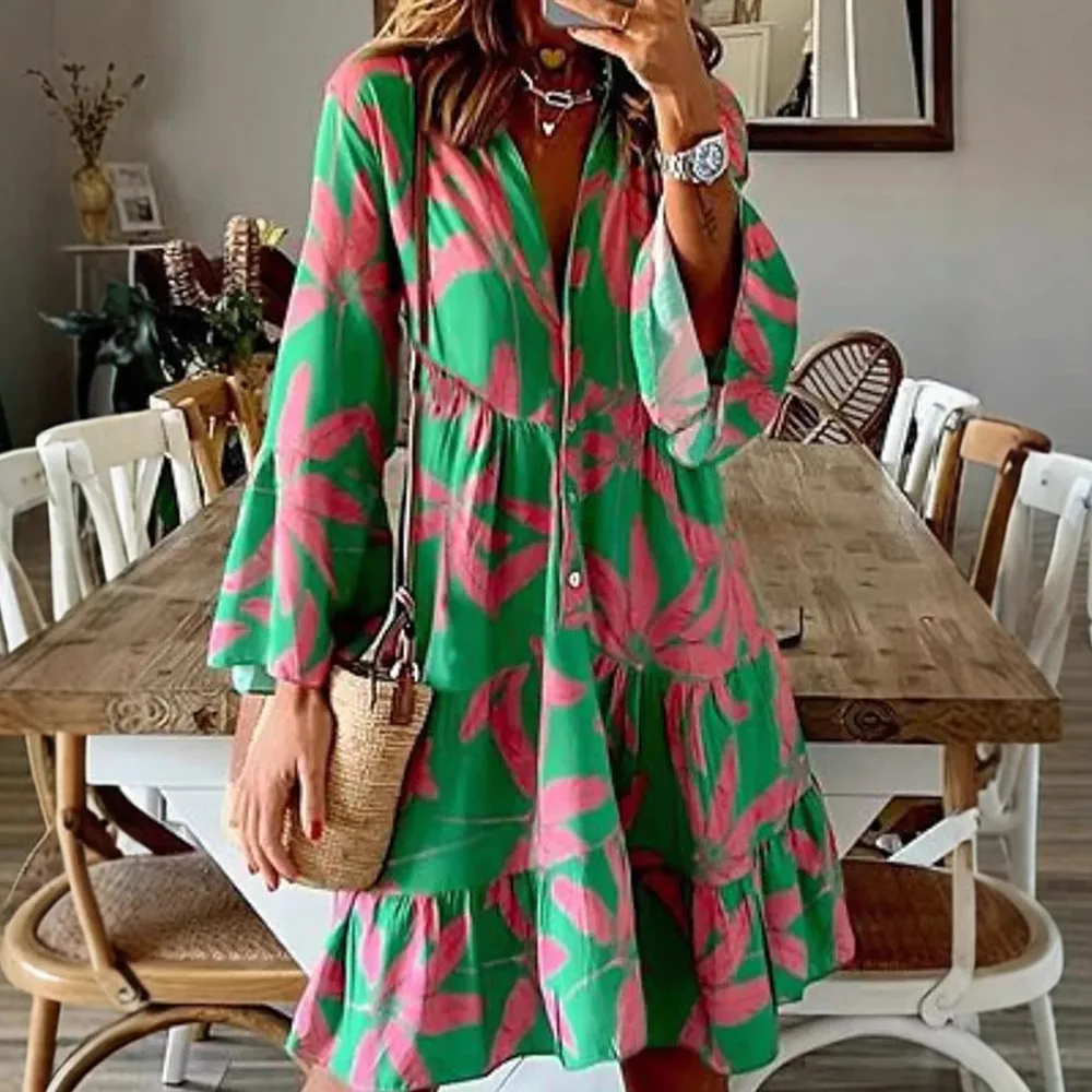 2025 الخريف بوهو عطلة قميص فساتين للنساء مثير الخامس الرقبة مضيئة كم أنيقة الكشكشة طباعة فستان الربيع فستان فضفاض غير رسمي