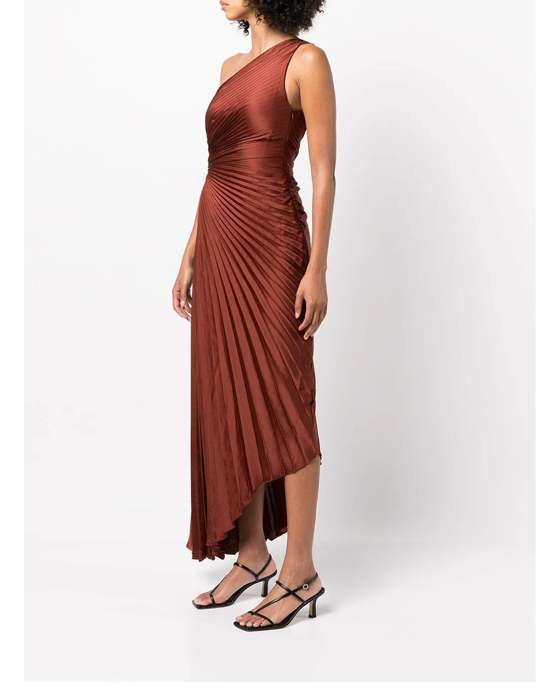 With Label ALC** Summer/Autumn Women Dress Polyester Asymmetry One-Shoulder Brown Hole Ankle-Length Vintage High Waist