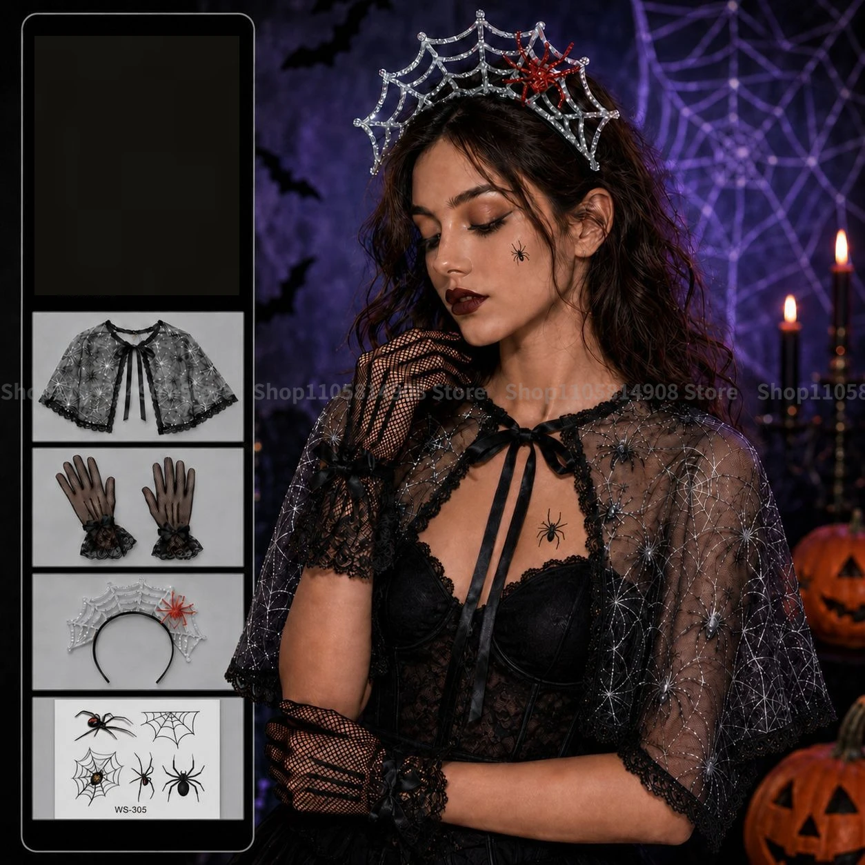 Halloween Costume Accessory Set, Pumpkin Spider Ghost Bride Theme with Beret Hat Lace Shawl Gloves and Temporary Tattoo Stickers