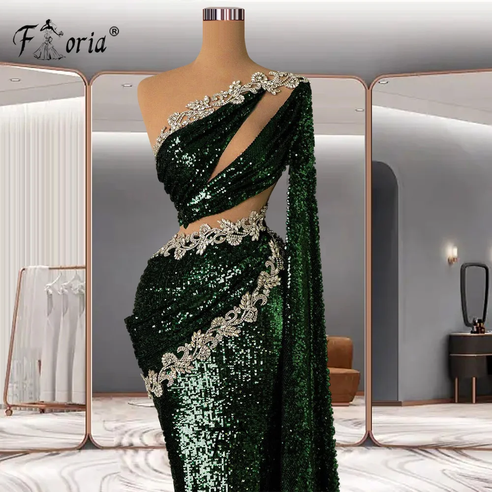 Glitter Dark Green Long Formal Evening Dress Crystal Cut-out Design Single Long Shawl High Event Gowns Plus Size Party Dresses