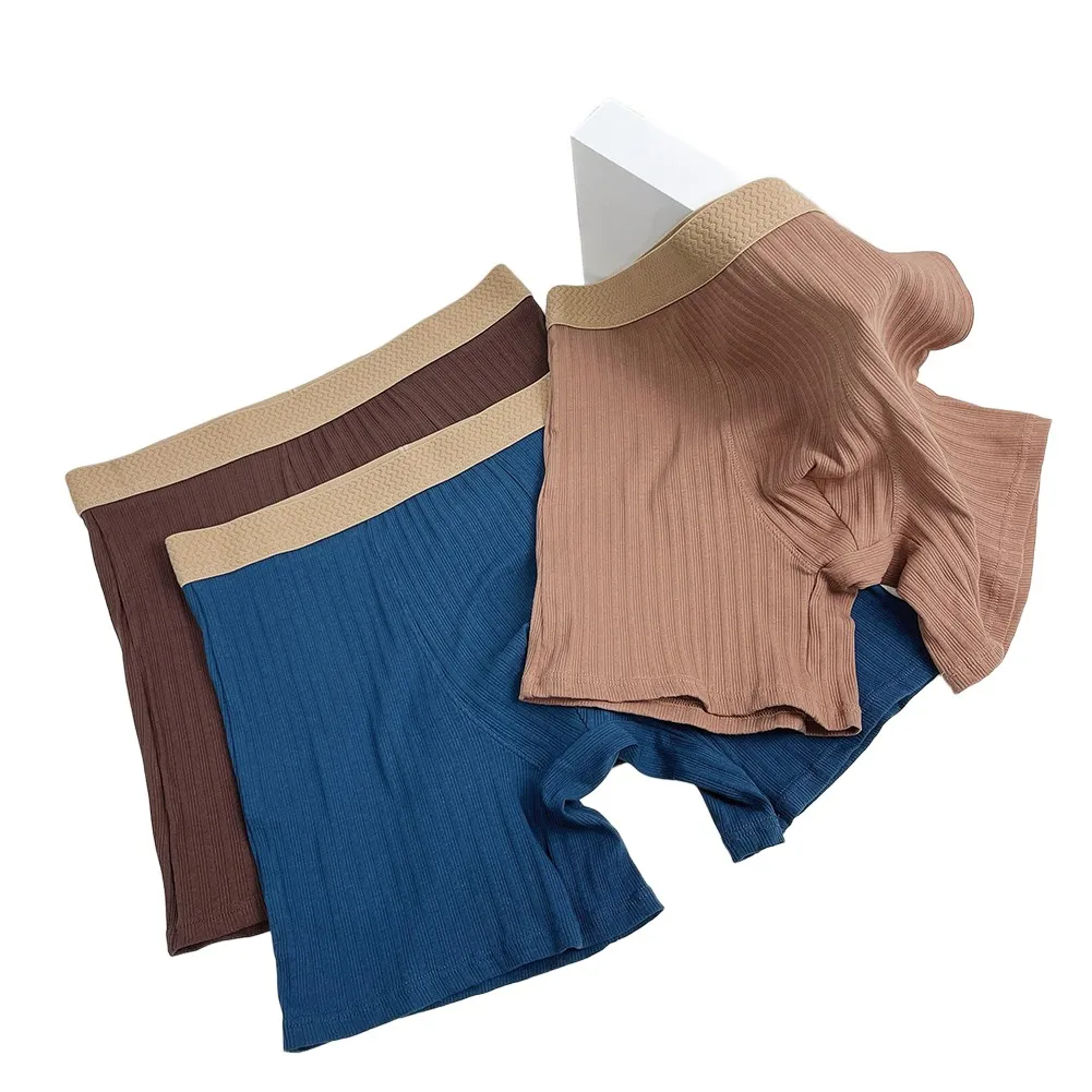 Skin-friendly Soft Men Striped Long Leg Shorts 90% Cotton Comfortable Middle Waist Boxers Trunks Home Underwear