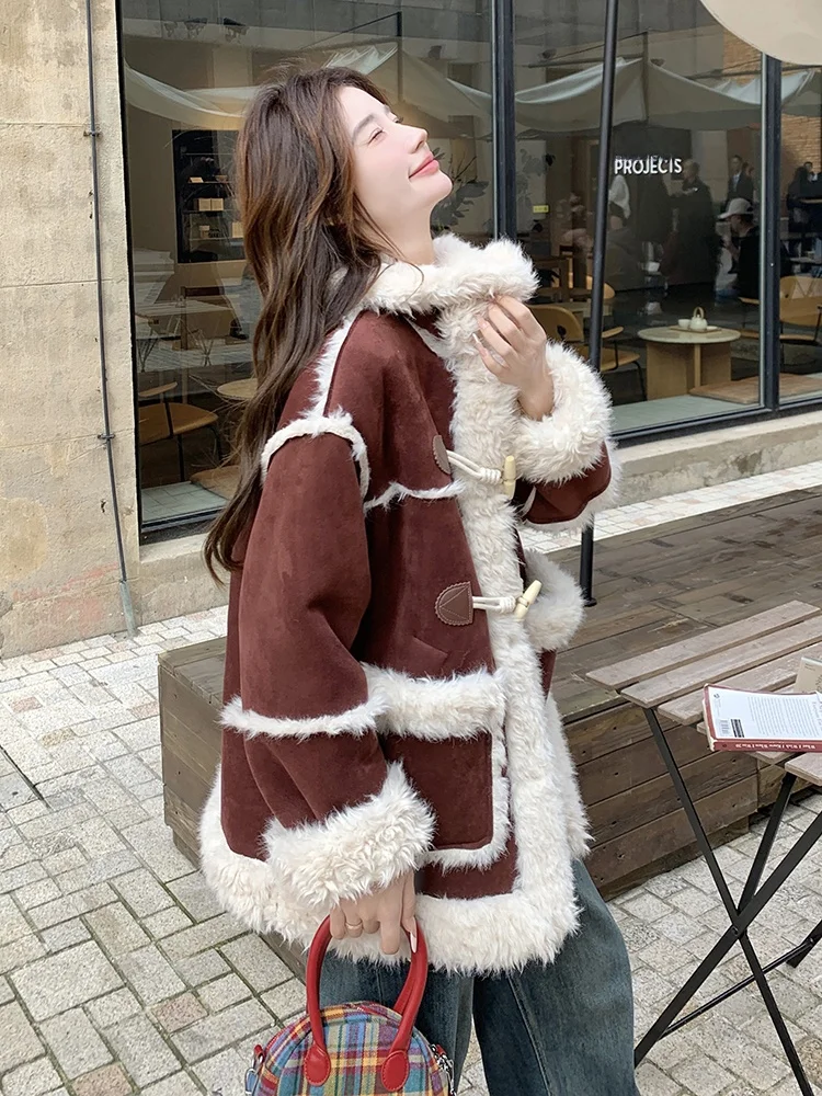 Chaqueta de piel de cordero de doble cara de estilo coreano para mujer, abrigo de aodón de piel y cuero inteado ueso pa...