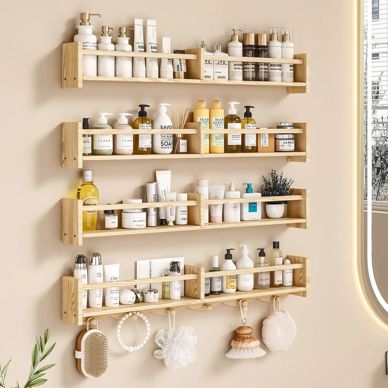 Conjunto de 4 prateleiras de parede flutuantes com ganchos, estante infantil de 34 polegadas para decoração de berçário