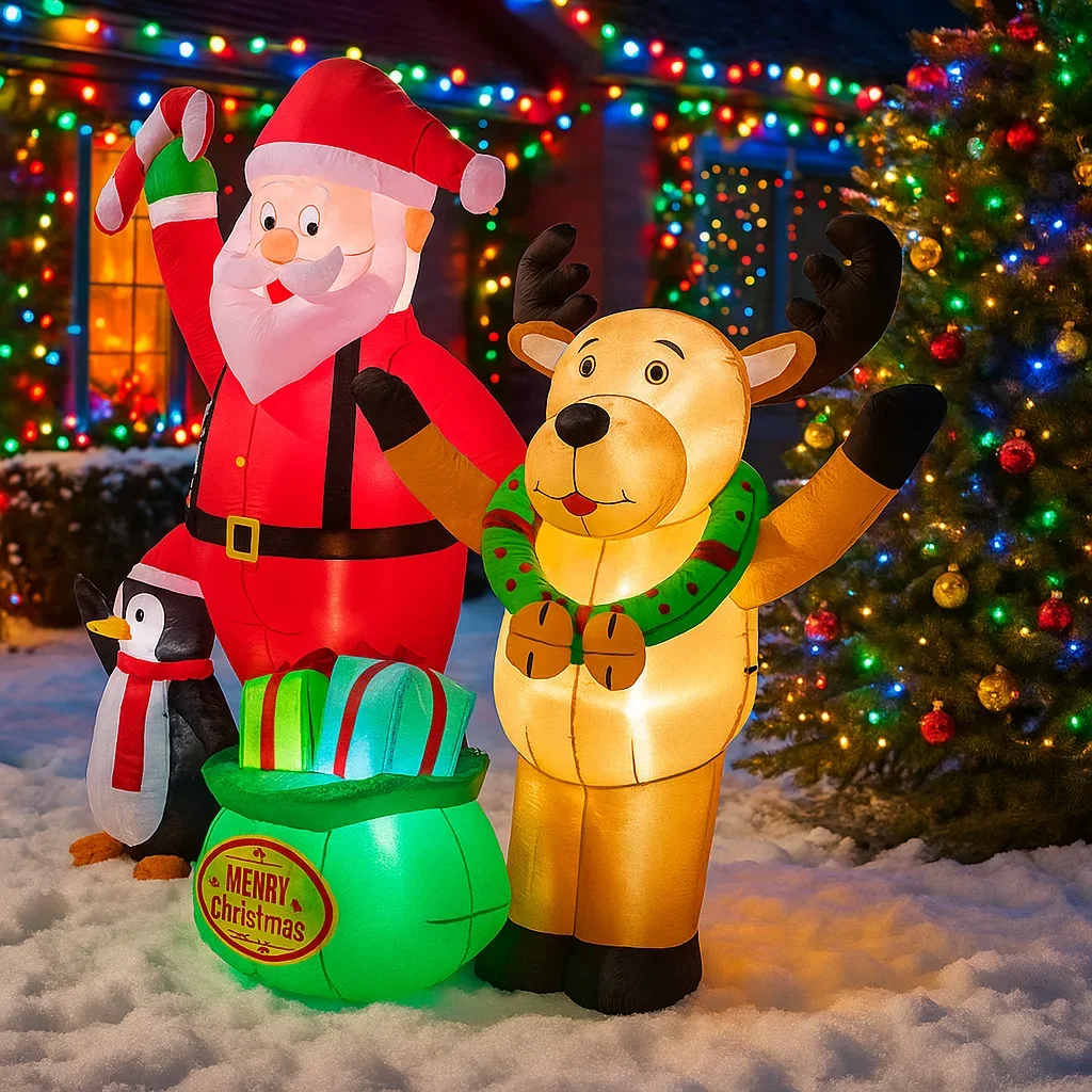 2.1M/6.8FT Inflatable Santa Reindeer Penguin with Gift Bag  Lights LED Home Decorations Toys Yard Xmas Holiday Decor Supplies