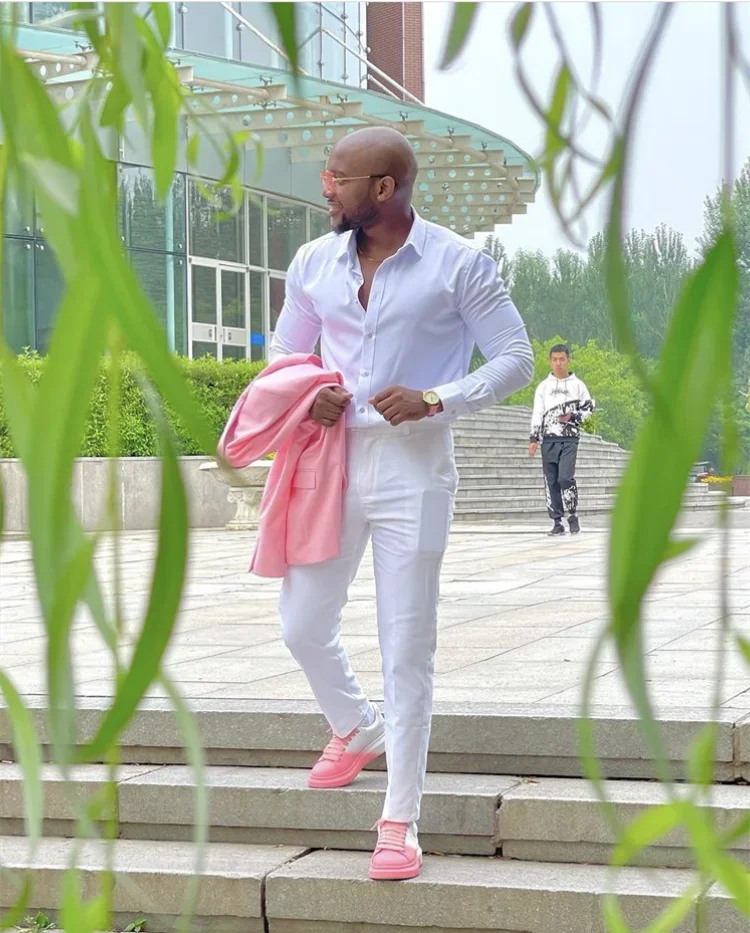 Summer Casual Pink Double Breasted Men Suits Wedding Fashion Groom Tuxedos Terno Masculino Slim Fit Prom Blazer (Jacket+Pants)