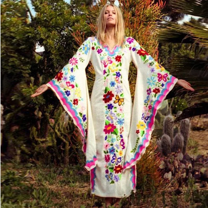 European and Women's Long Dress Bohemian Evening Batwing Sleeve Printed