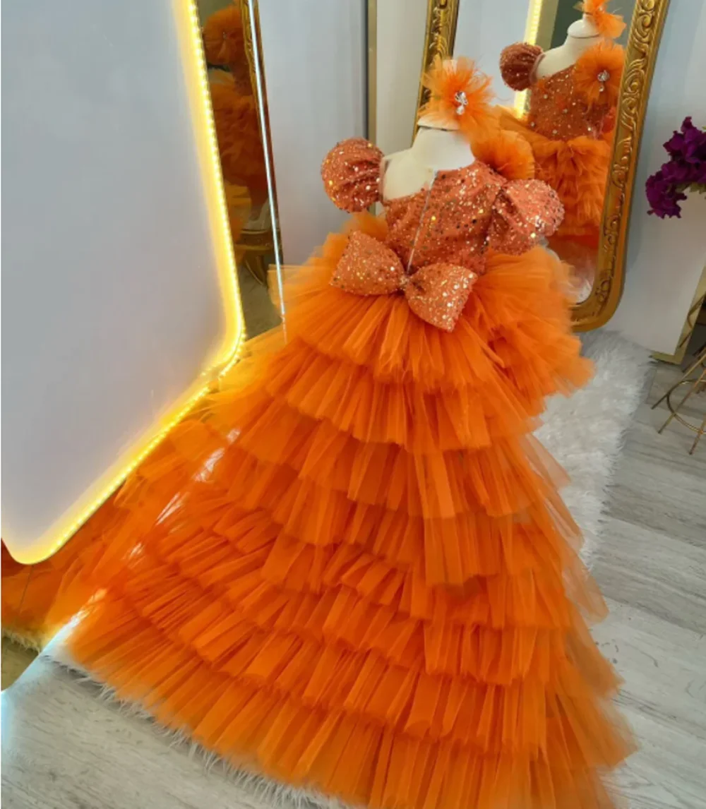 Puffy Layered Blumenmädchenkleider Orange für Hochzeit Pailletten Tüll mit Schleife Kleid Formelle Party Geburtstag Prinzessin Ballkleider