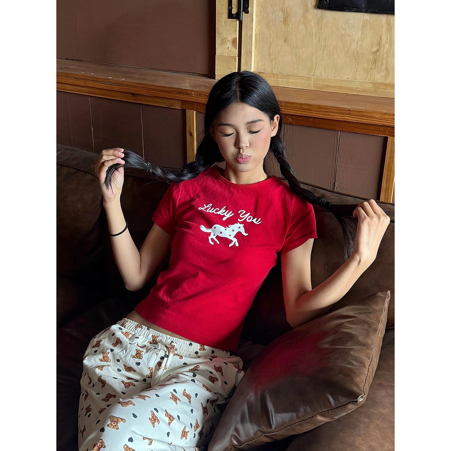 Slimming Effect Cherry Blossom Model Red Star Short Sleeve Tee Shoulder Width Regular Cotton Polyester Blend round Neck Short...