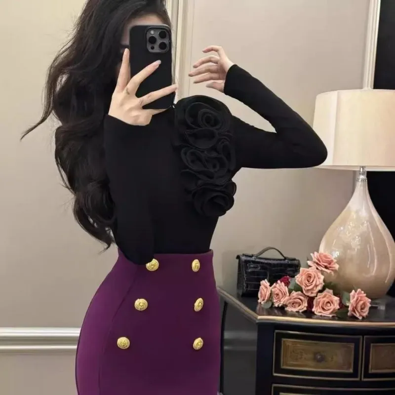 

Hong Kong Style Retro Three-dimensional Flower High Collar Bottoming Top Autumn Winter New Fashion Slim Tees Inner T-shirt