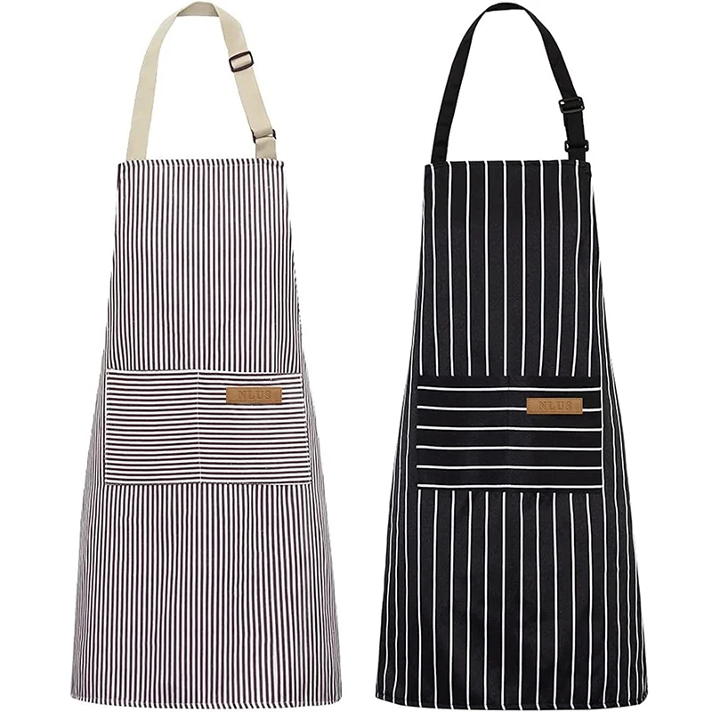 

White Black Striped Kitchen Restaurant Gardening Cafe Work Clothes House Work Accessories 2 Pockets Adjustable Neck Hanger Apron