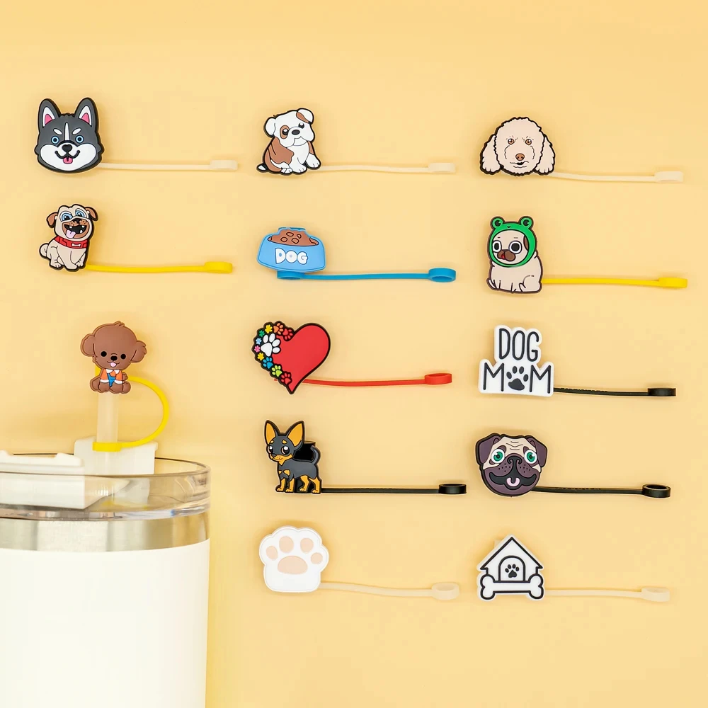 5PCS Cartoon Dog Silicone Straw Plug 10mm Reusable Drinking Straw Dust Cap Dust-proof Splash Proof Straw Tips Cover