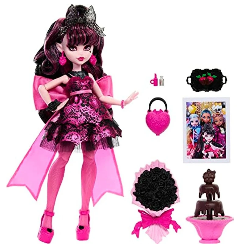 New Surprise Doll Monster High Draculaura Doll in Monster Ball Party Dress with Themed Accessories Like Chocolate Fountain