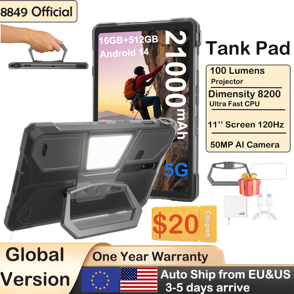 

8849 TANK PAD Unihertz Rugged Projector Tablet Smartphone 10.95 inch 120Hz 16GB 512GB 21000mAh 32MP+50MP 66W Phone Tablet