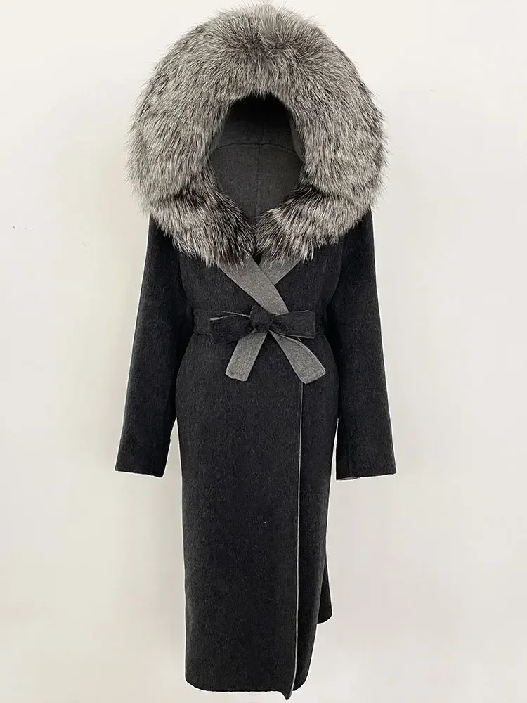 Women 2025 New Winter Hooded Detachable Collar Fur Wool Clothes Long Woolen Jacket Real Natural Fox Fur Coat Casual Overwears