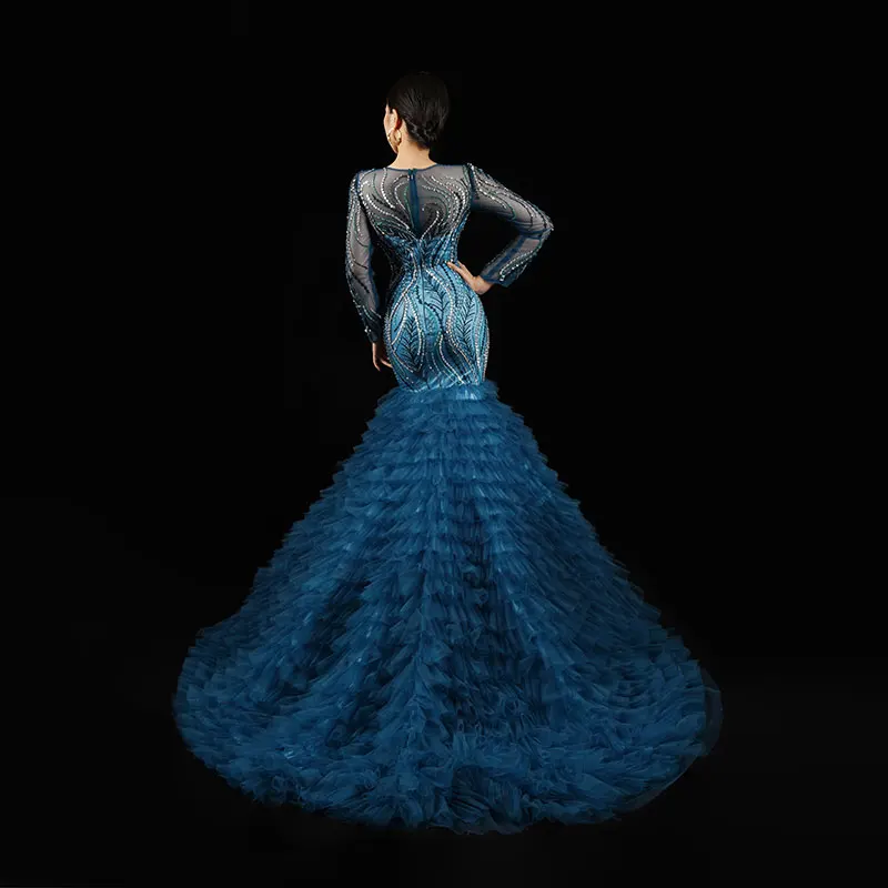 Baisha Luxury Long Evening Dress Heavy Beaded Embroidery Ball Gown Hip Wrap Gala Custom Blue Cake Skirt H1608 فساتين سهرة