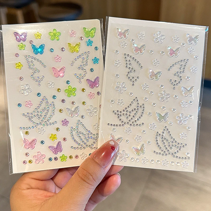 3-ألوان 5D لامعة الفراشة/الزهور/جولة الماس لصاقات وشم الوردي/واضح/أورورا بلينغ كريستال ملصق ملصقات ماكياج ذاتية الصنع