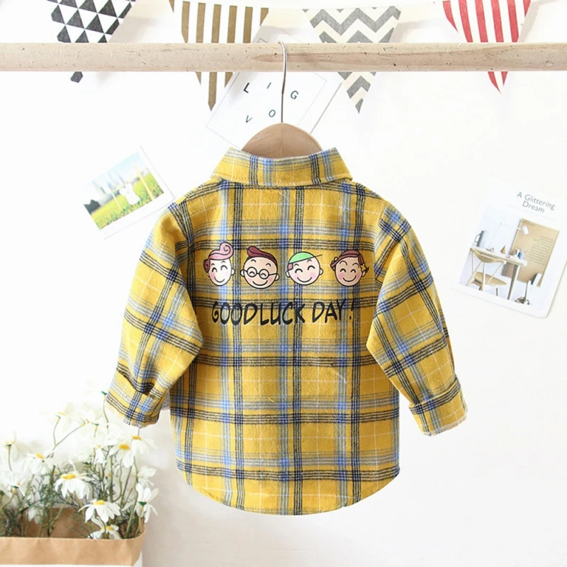 Spring Fall Kids Clothes Cotton Plaid Long Sleeve Letter Print Shirts Toddler Children Retro Classic Designed Versatile Top Coat