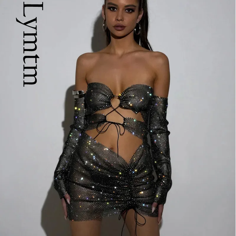 Women Sexy Two Piece Sets Strapless Rhinestone Diamond Crop Top Chic Split Mini Skirt Clubwear Party Rave Festival Outfits