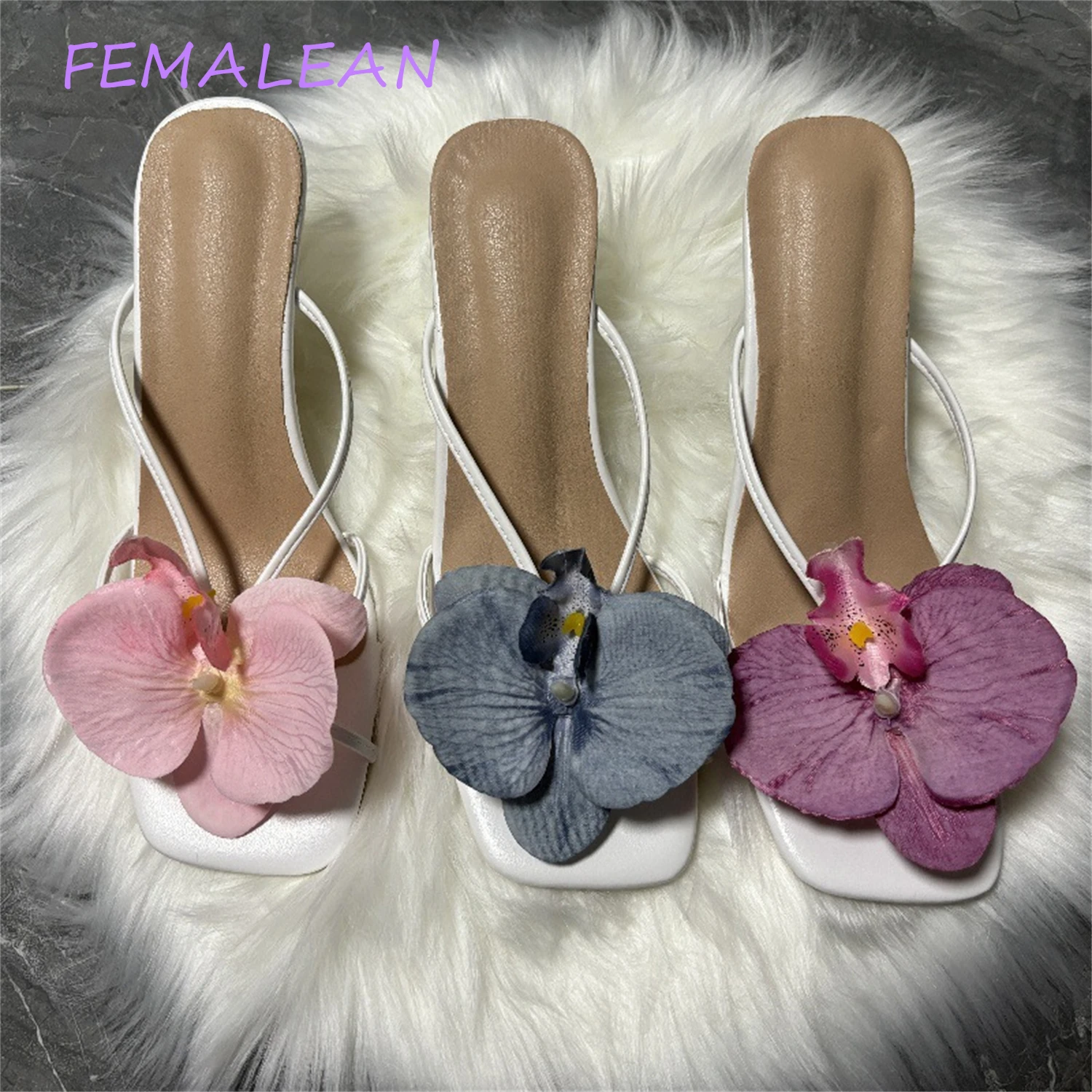 Orchid Flower Summer New High Heeled Women White Pink Blue Purple Floral Heels Square Toe Prom Slipper Slingback Shoes For Women