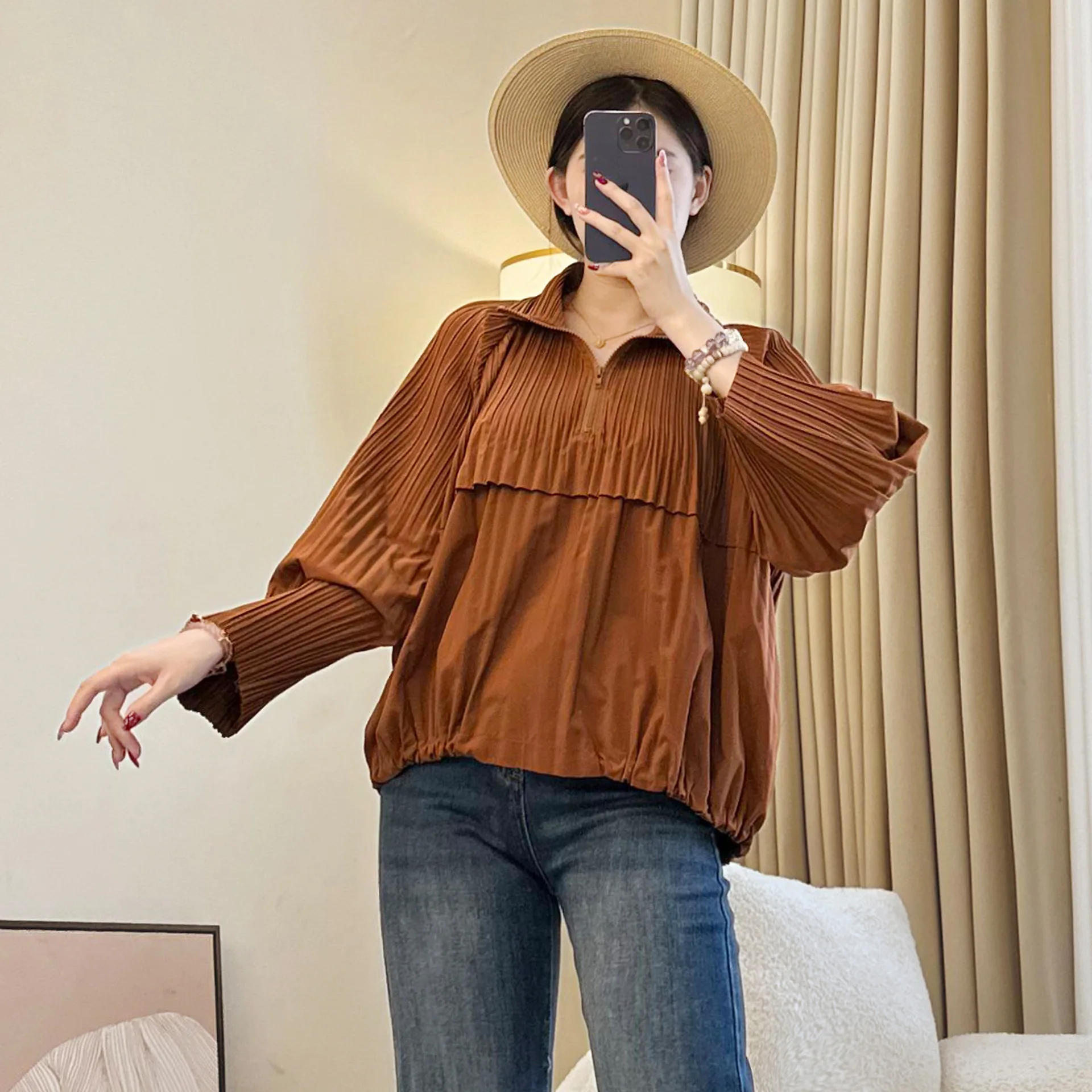 Miyake volants automne nouveau Style de sport haut de transport polyvalent veste pour femme veste courte à manches longues pull à fermeture éclair