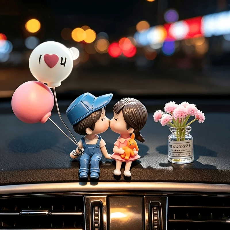 3Pcs/Set Cute Cartoon Couple with Flower Pot Design Car Decoration Balloon Decor Car Accessories Car Interior Dashboard Accessories Gift for Girls, Suitable for Halloween/Christmas/Thanksgiving/Valentine's Day Gifts.