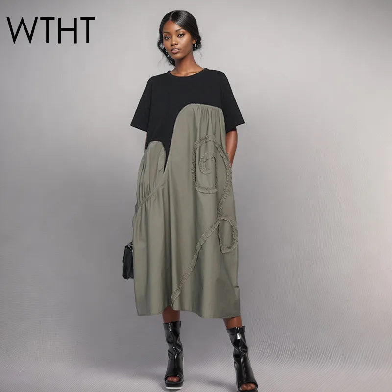 

WTHT fashion women's patchwork contrast color loose dress 2025 summer o-neck short sleeves dresses female 1LS1923